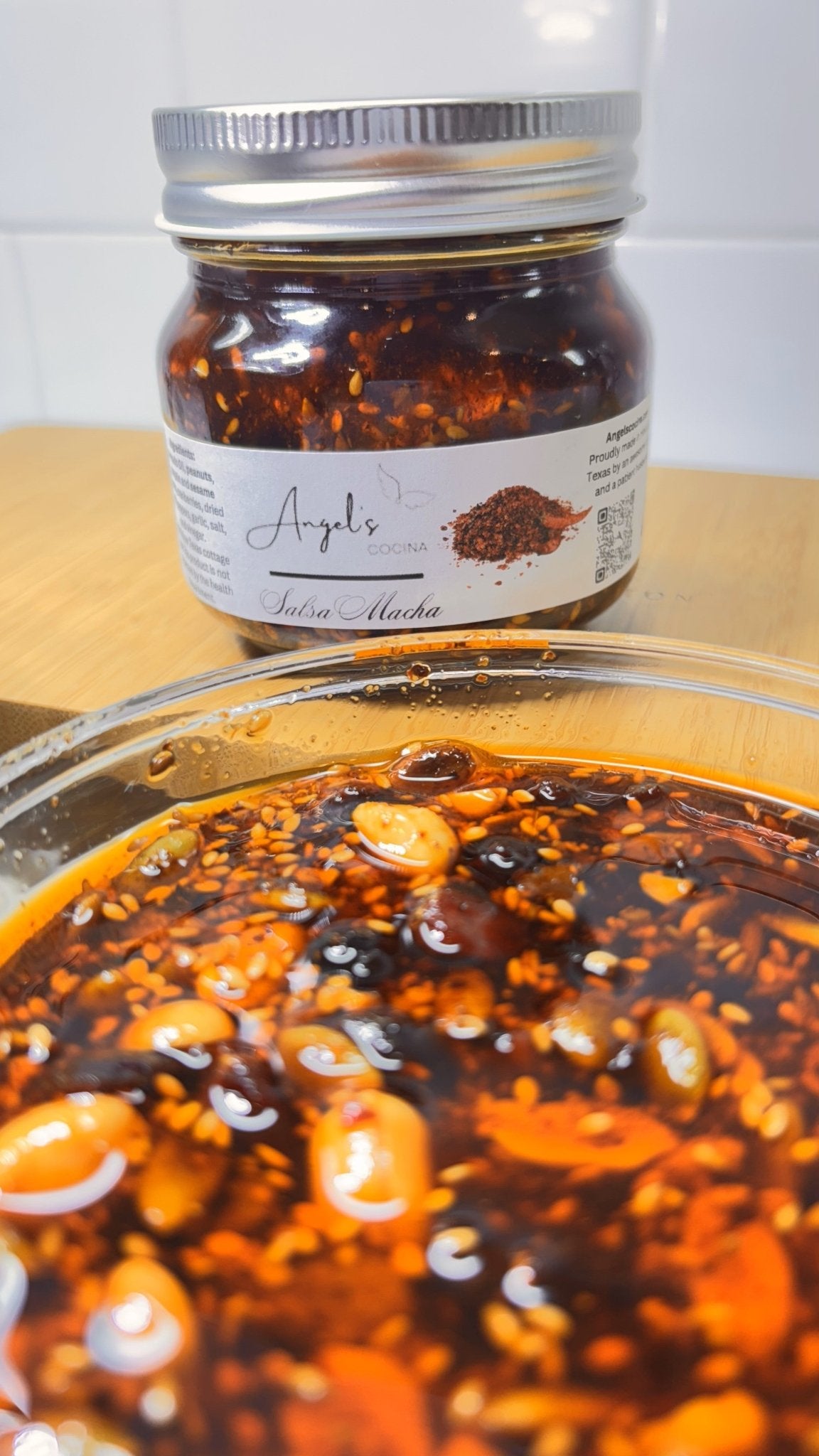 Jar of Angel's Cocina Salsa Macha with crunchy peanuts in avocado oil, handmade in Houston, Texas